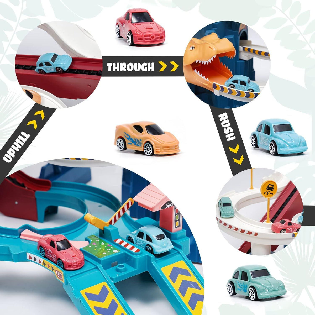 Colorful dinosaur-themed race track toy for kids with four cars and climbing hills, perfect for ride-on play and construction fun.