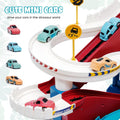 Colorful dinosaur-themed race track toy for kids with climbing hills, railcar, and four cars for building fun and adventure.