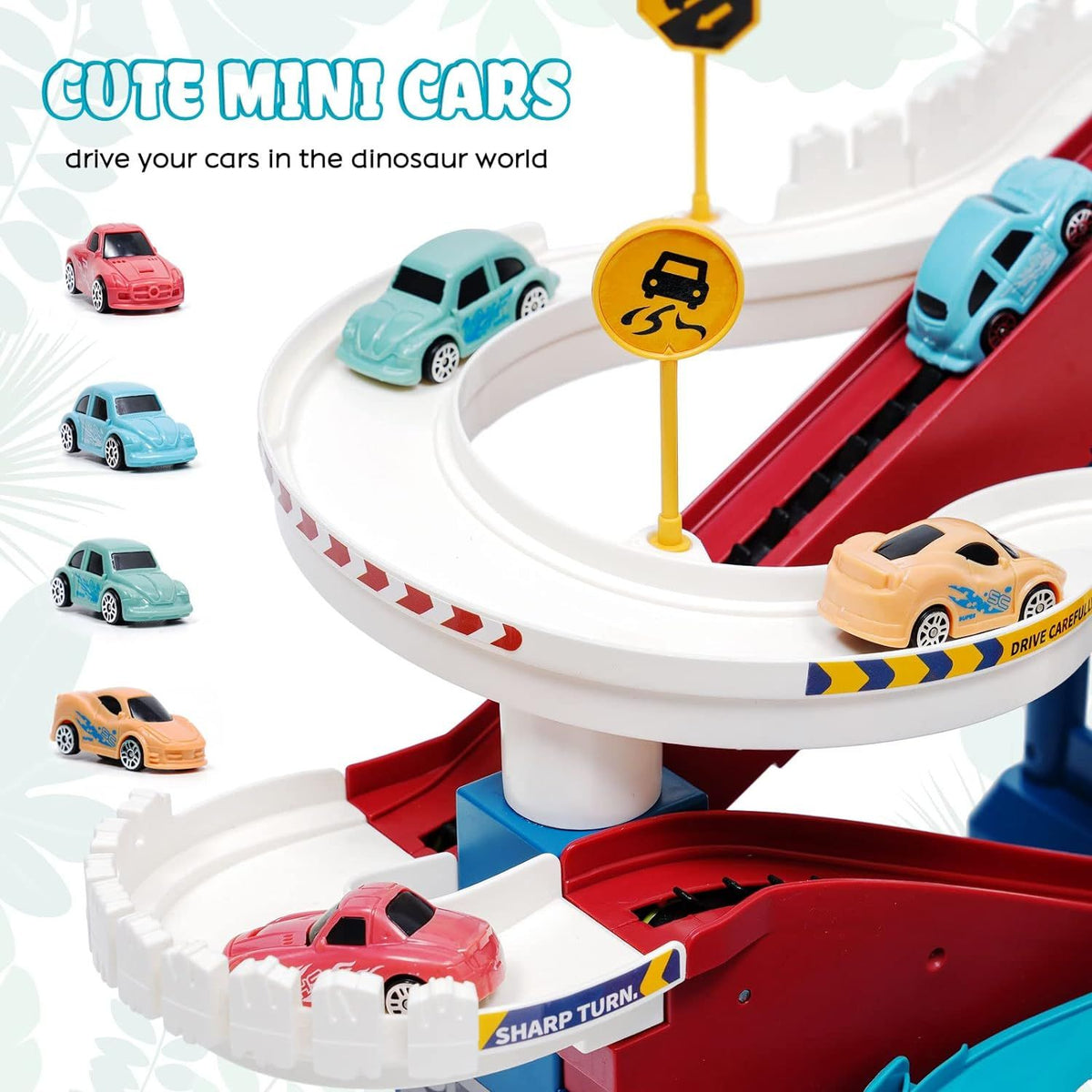 Colorful dinosaur-themed race track toy for kids with climbing hills, railcar, and four cars for building fun and adventure.