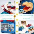 Colorful dinosaur-themed race track toy with climbing hills, railcar, and four cars for kids' adventure play set