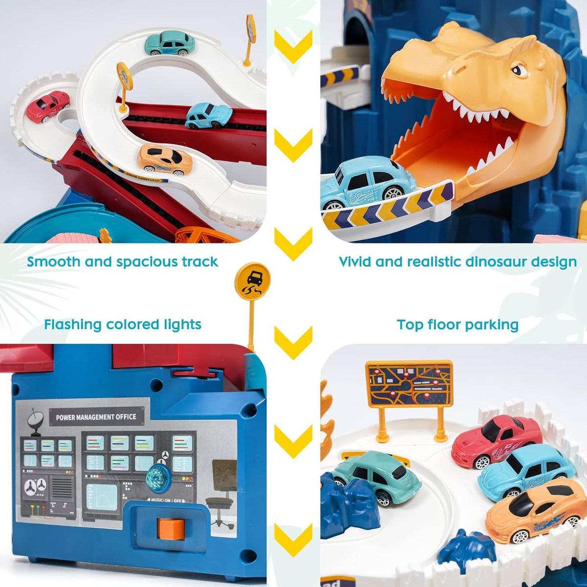Colorful dinosaur-themed race track toy with climbing hills, railcar, and four cars for kids' adventure play set