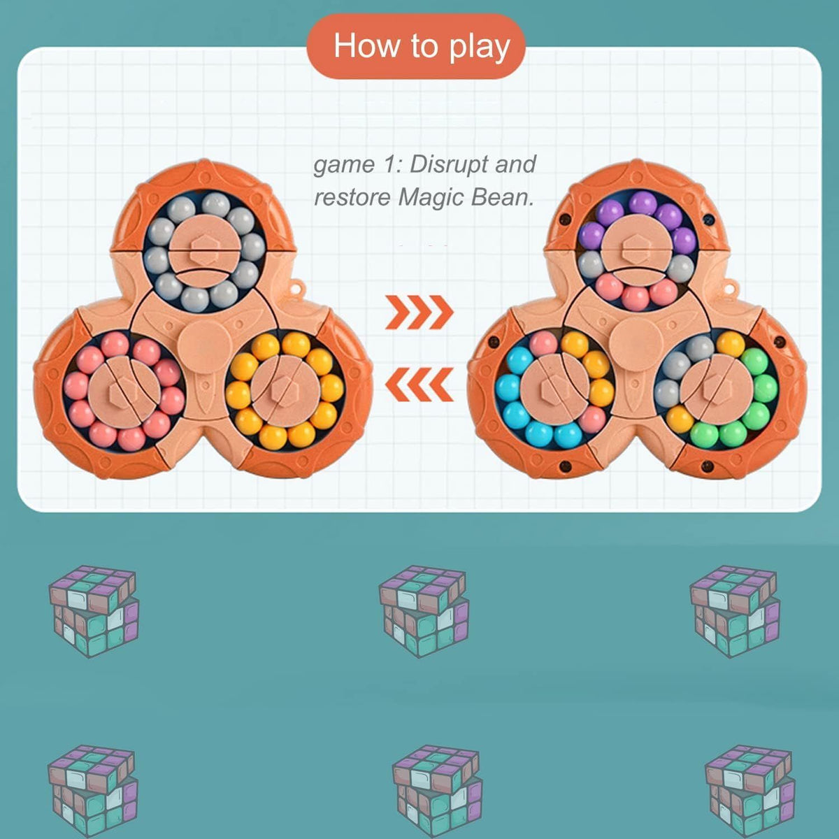 Magic Bean Puzzle Toy by Everything Baby, a rotating 2-in-1 magic ball brain teaser for kids, teens, and adults in pretend play style.