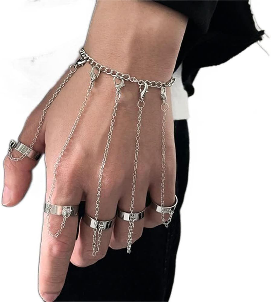 Gothic punk chain tassel bracelet with slave finger rings and hand chain for women and girls, featuring metal chain details.