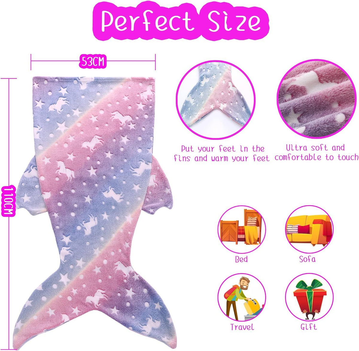 Glow-in-the-dark mermaid tail blanket for girls, super soft plush flannel sleeping snuggle bag, perfect for ages 1-10.