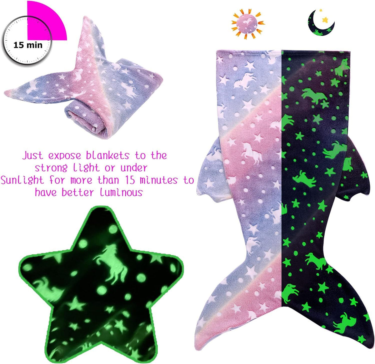 Glow-in-the-dark mermaid tail blanket for girls, super soft plush flannel sleepwear, perfect for cozy nights for ages 1-10.