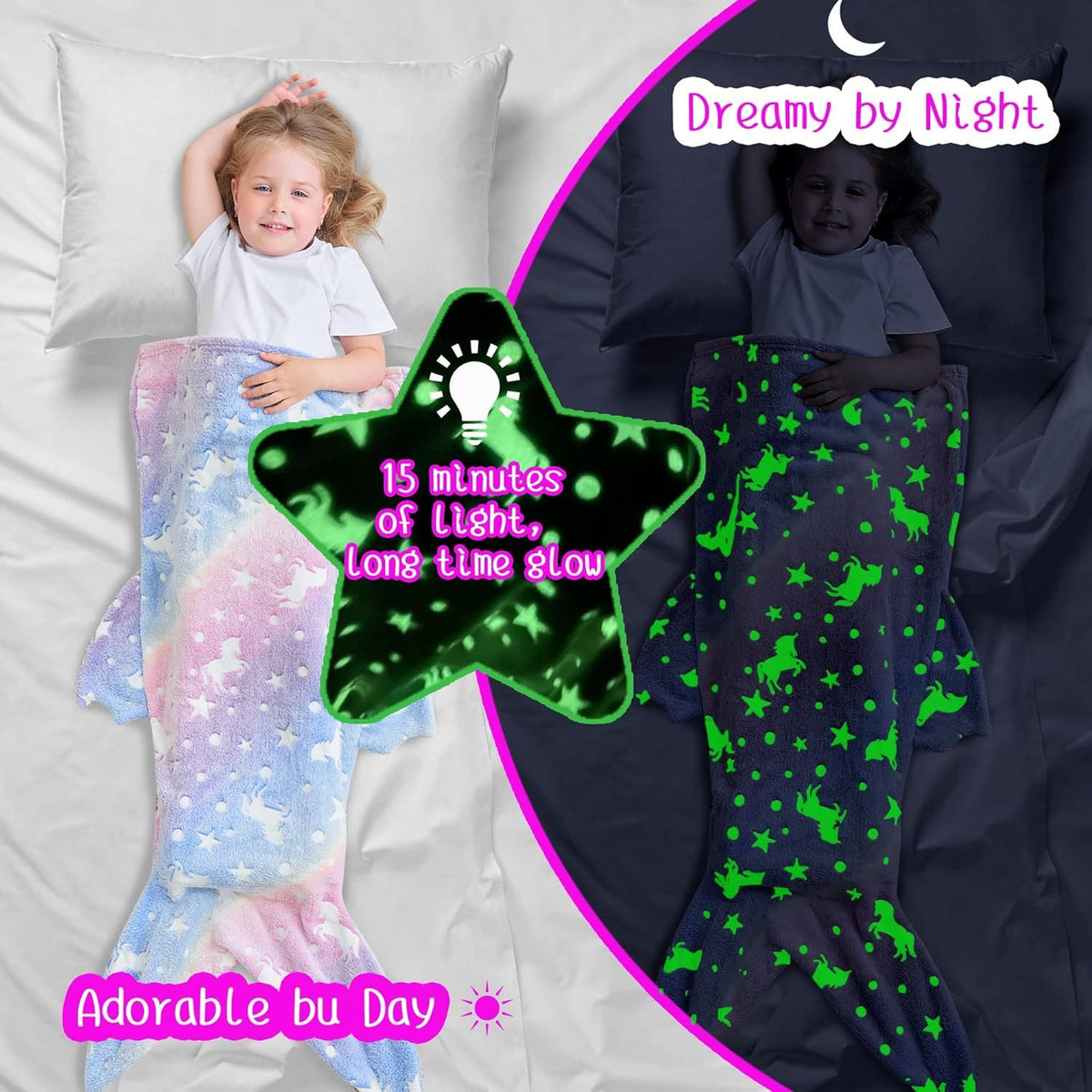 Glow-in-the-dark mermaid tail blanket for girls, soft plush flannel sleepwear designed for ages 1-10, cozy and whimsical for bedtime.