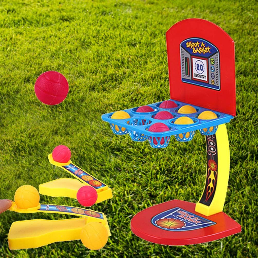 Mini tabletop basketball hoop toy by Everything Baby, featuring a small basketball, hoop, and finger shooting game for kids.