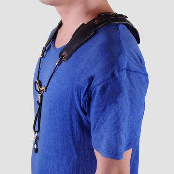 Leather saxophone strap with adjustable length, gold-plated metal snap, designed for musical toy saxophones for kids.