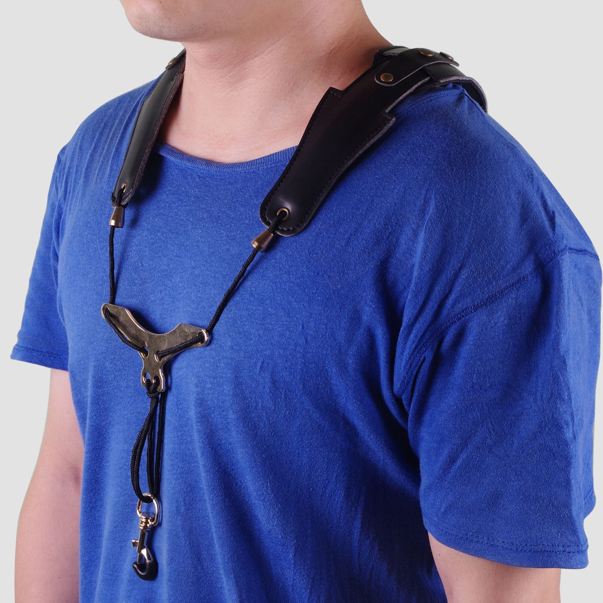Leather saxophone strap with gold snap, adjustable harness for kids' musical toy saxophone, by Everything Baby.