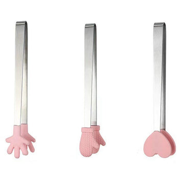3 Pack Mini Dessert Tongs Stainless Ice Cube Clip Pink Hand Heart Glove Shape Small Non-Slip Silicone Baking Bread Tong Clips