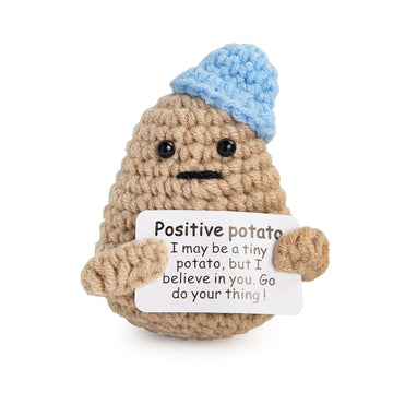 Funny Positive Potato - 3 Inch Knitted Crochet Doll, Complete with an Uplifting Positive Card, Ideal for Cheer Up  (Blue)