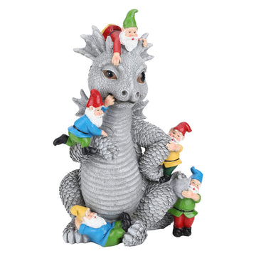 Dragon Gnome Statues Outdoor Decor, 13” Dinosaur Play with Gnomes Garden Statue, Outdoor Statue for All Season Lawn Decor
