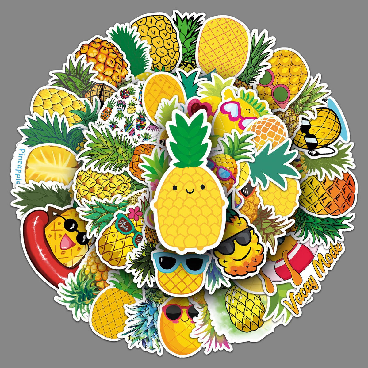 Set of 50 waterproof pineapple cartoon stickers for teens and kids, ideal for decorating laptops, phones, and tablets.