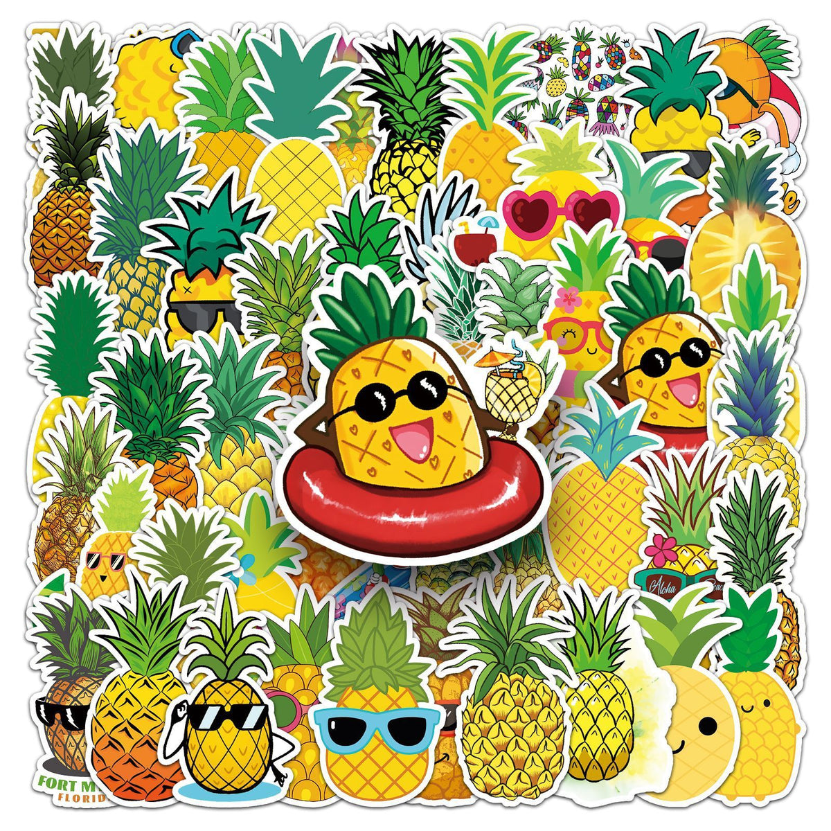 Set of 50 waterproof pineapple stickers featuring cartoon vinyl designs for teens, boys, girls, and kids for laptops, phones, and tablets.