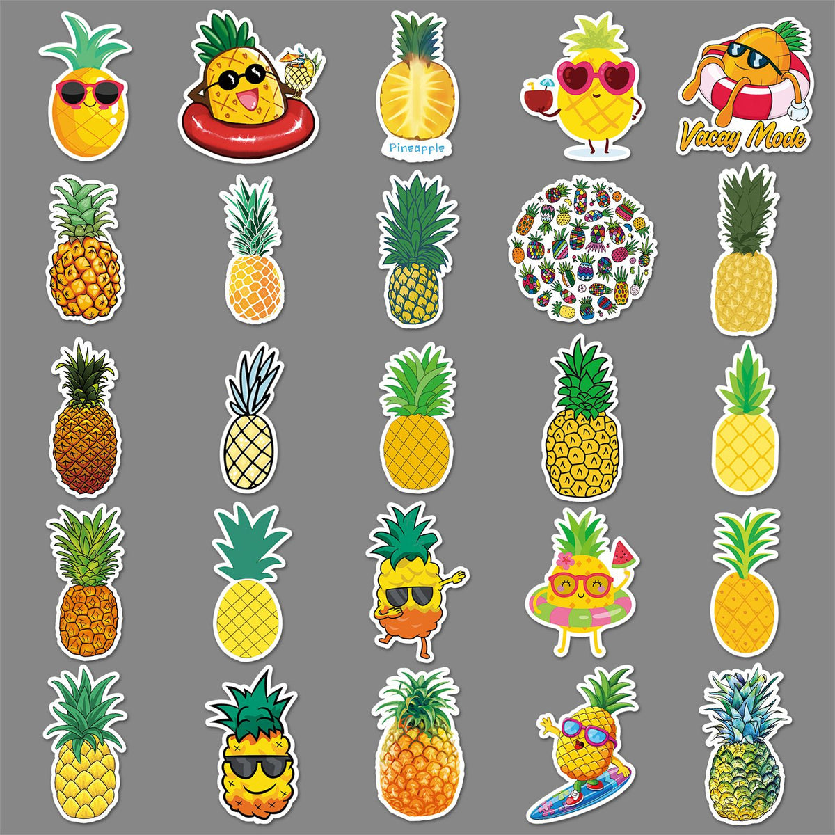 Set of 50 waterproof pineapple stickers for teens and kids, featuring colorful cartoon vinyl designs for laptops, phones, and tablets.