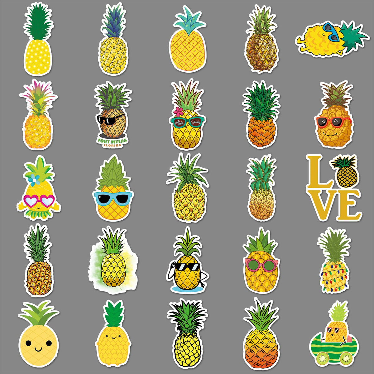Set of 50 cartoon pineapple waterproof vinyl stickers for kids, suitable for laptops, phones, and tablets, from Everything Baby.