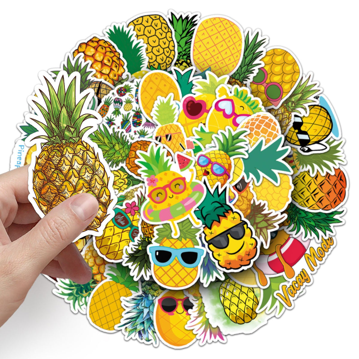 Set of 50 waterproof pineapple cartoon stickers for kids, ideal for decorating laptops, tablets, and phones, by Everything Baby.