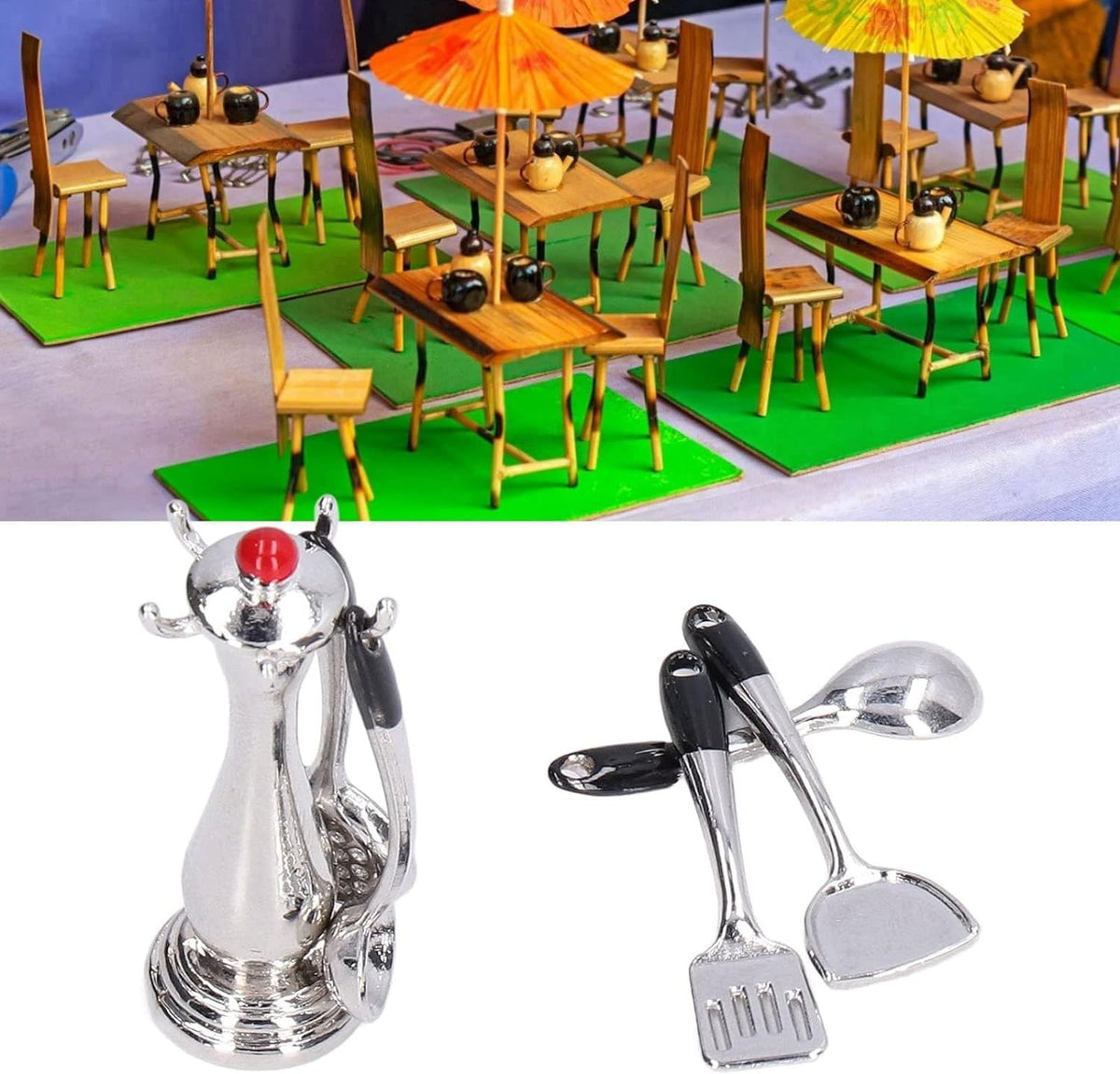 Miniature toddler kitchen tools set by Everything Baby, including utensils, spoon, shovel, and cookware for pretend play dollhouse.