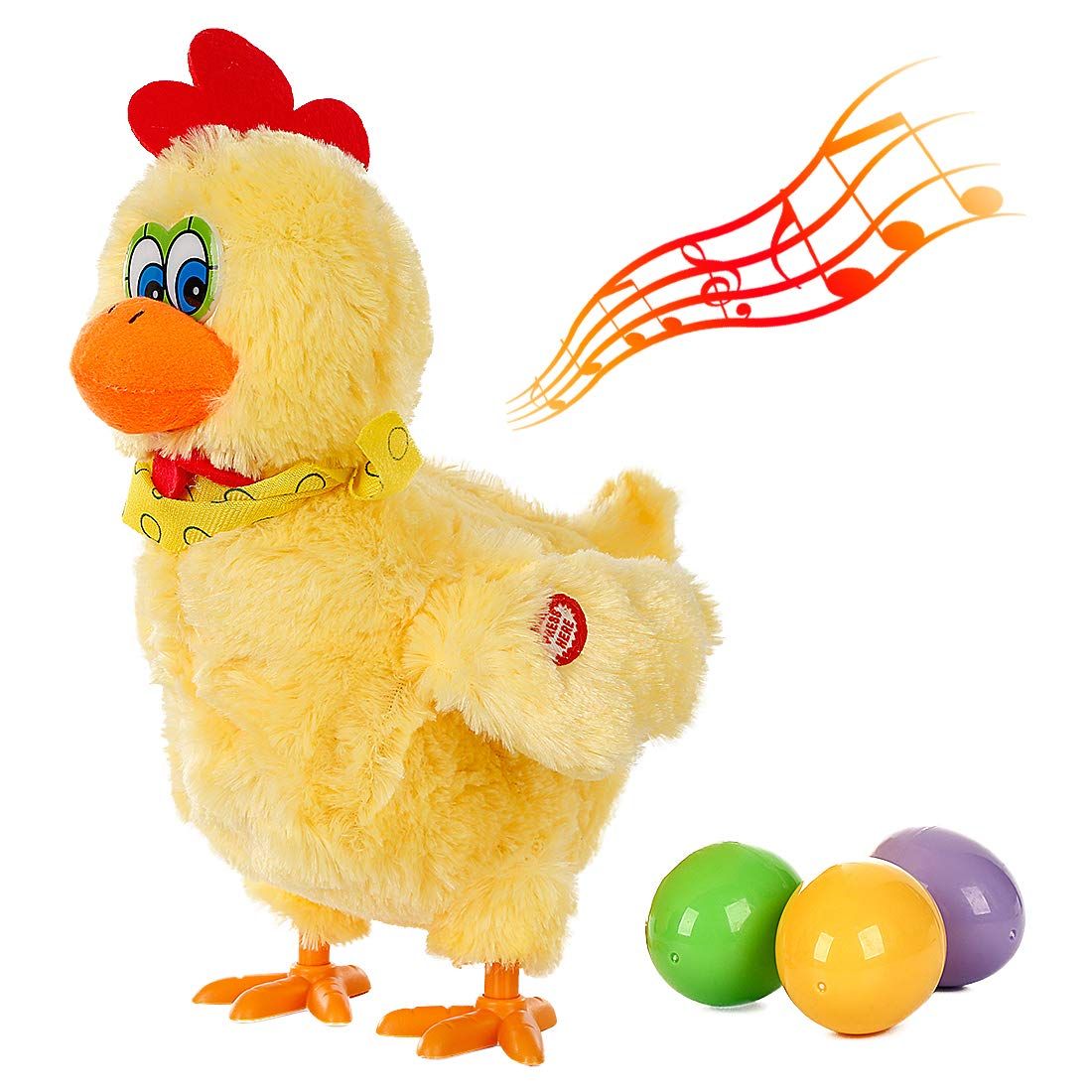 Electric plush Easter chicken toy with sound; dancing and laying 3 plastic eggs, perfect for pretend play with kids.