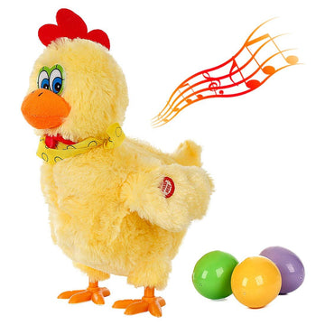 Electric plush Easter chicken toy with sound; dancing and laying 3 plastic eggs, perfect for pretend play with kids.