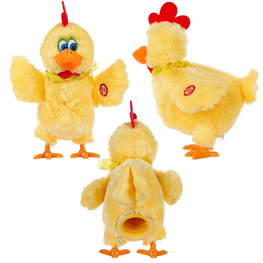 Electric plush chicken toy from Everything Baby, laying eggs, dancing, making sounds, and featuring colorful plastic eggs for pretend play.