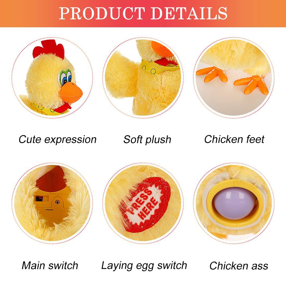 Electric plush chicken toy from Everything Baby, dancing, singing, and laying three plastic eggs for pretend play.