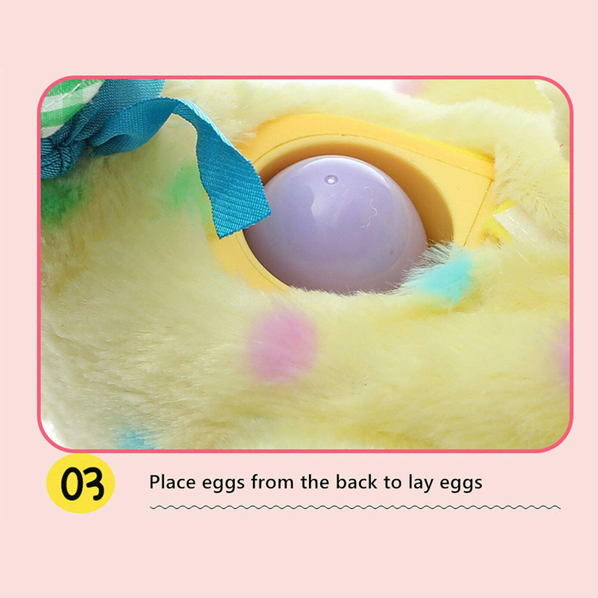 Stuffed plush Easter egg laying chicken toy with eggs, dancing and singing features, designed for kids' pretend play.