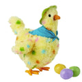 Soft plush Easter egg-laying chicken toy with eggs, dancing and singing features, interactive stuffed animal for kids.