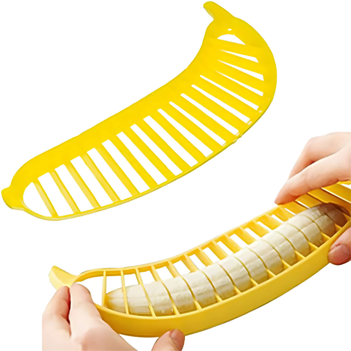 Banana Slicer by Everything Baby with ABS plastic and stainless steel blades, designed for safe, quick banana slicing in the kitchen.