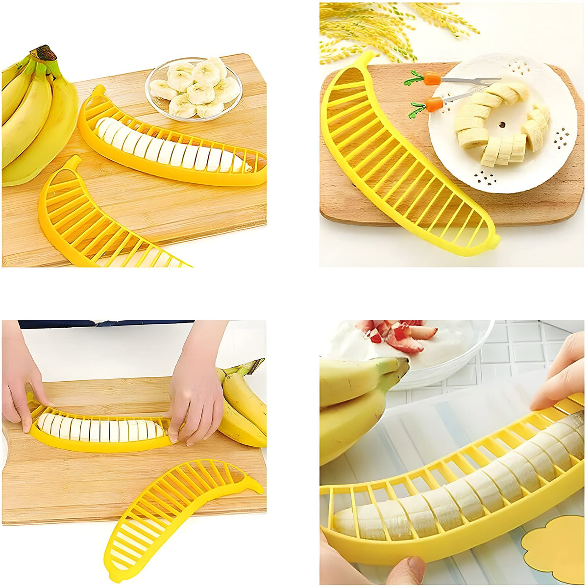 Banana slicer made of ABS and stainless steel, designed for easy and safe banana slicing in kitchen, suitable for baby and kids feeding.