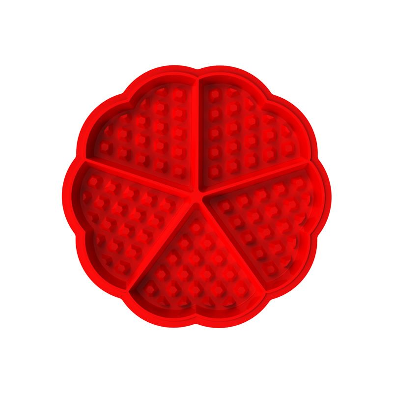 Red silicone cavity waffle mold from Everything Baby, nonstick reusable baking tool for fun pretend play and baking activities.