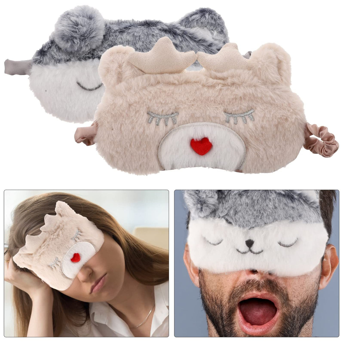 Pair of plush sleep facial masks featuring cute baby and animal designs, ideal for baby and toddler comfort and warmth.