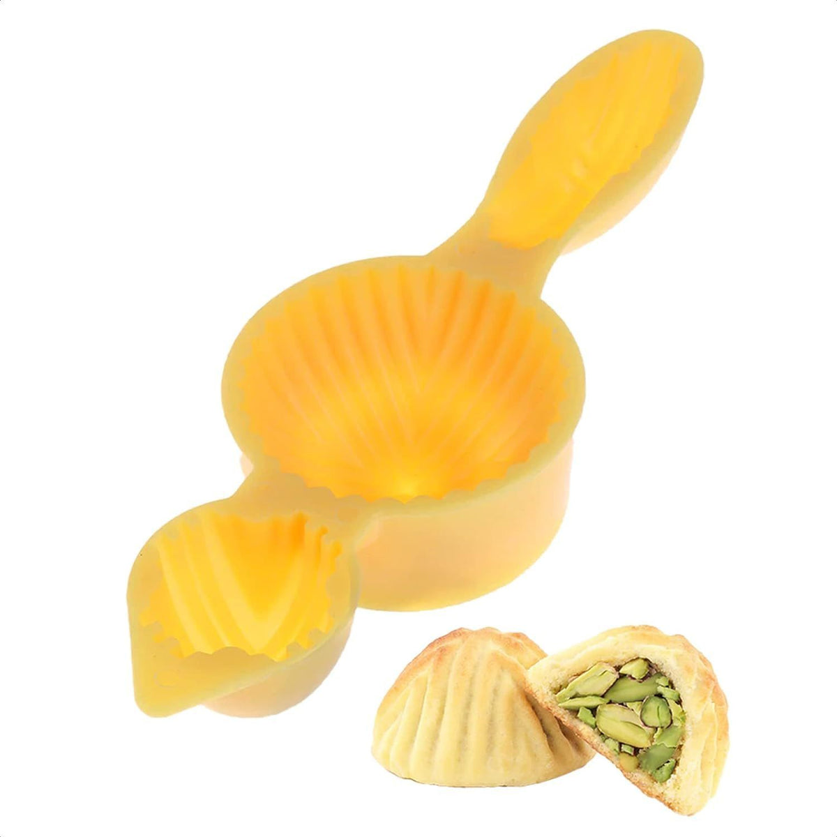Plastic mooncake mold press for making Middle Eastern cakes with dates, nuts, or chocolate, suitable for pretend play in kitchen toy sets.