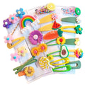 Set of 24 colorful baby girl hair clips featuring rainbow, flower, fruit, and dessert patterns with cute, decorative barrettes.