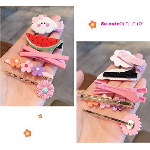 Set of 24 colorful baby girl hair clips with rainbow, flower, fruit, and dessert patterns, featuring cute barrettes for kids.