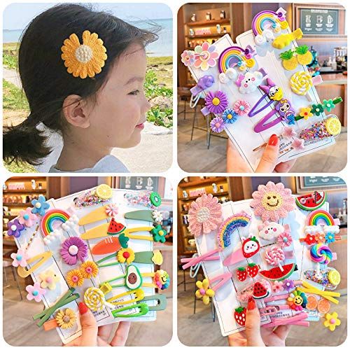 Set of 24 colorful rainbow, flower, fruit, and dessert-themed baby girl hair clips from Everything Baby.