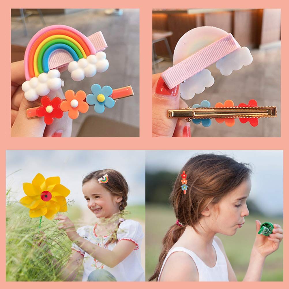 Set of 24 colorful baby girl hair clips featuring rainbow, flower, fruit, and dessert patterns, made by Everything Baby.