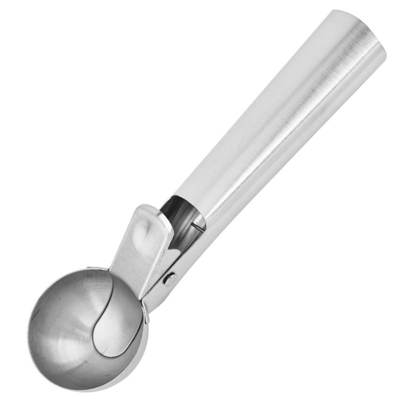 Heavy-duty stainless steel ice cream scoop with trigger handle, ideal for serving ice cream and fruit.