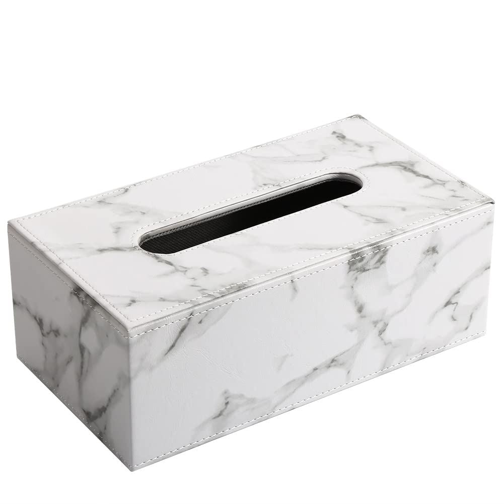 Rectangular PU leather tissue box cover for facial tissues, suitable for bathroom, home, office, or car use.