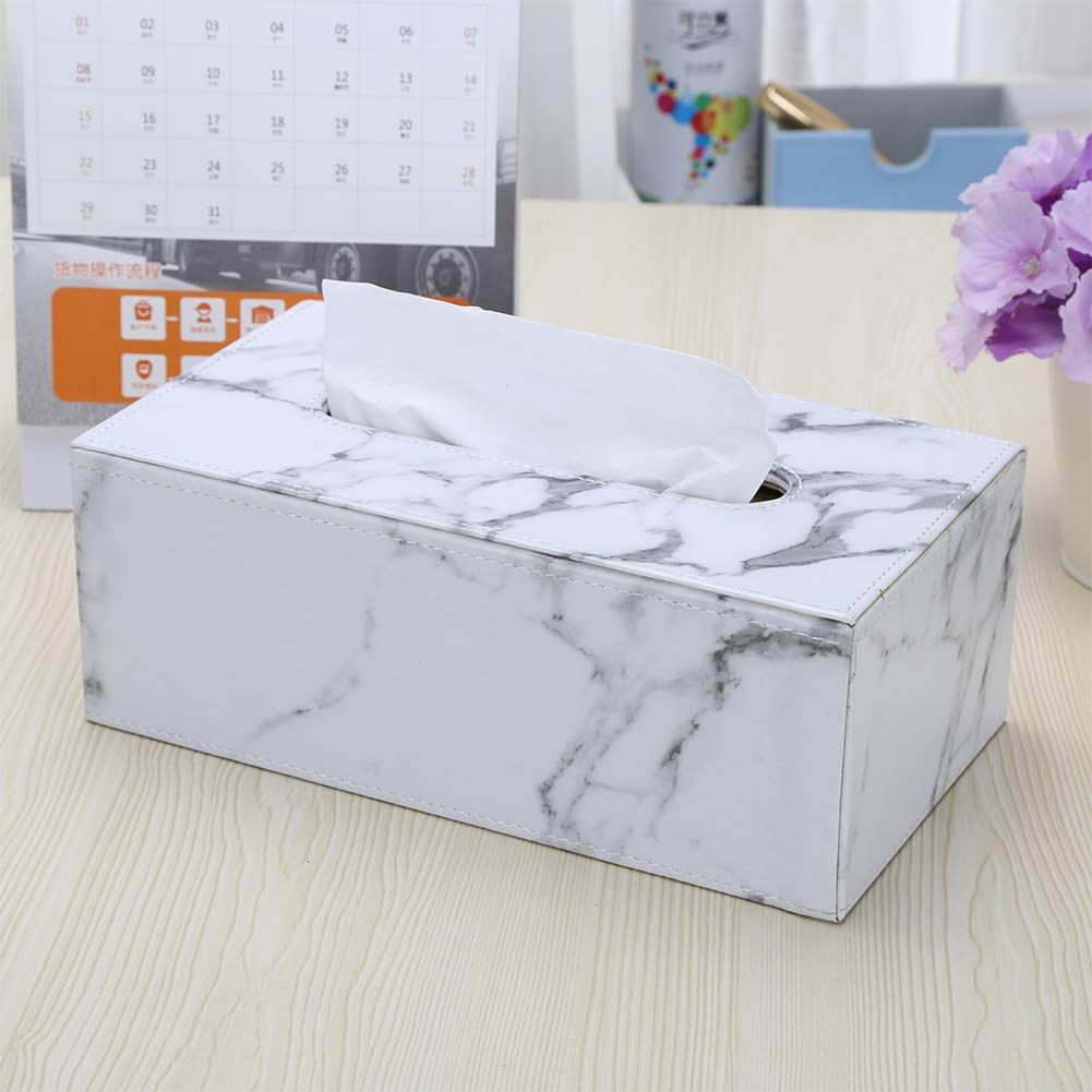 Rectangular PU leather tissue box cover with facial tissue holder, suitable for bathroom, home, office, or car.