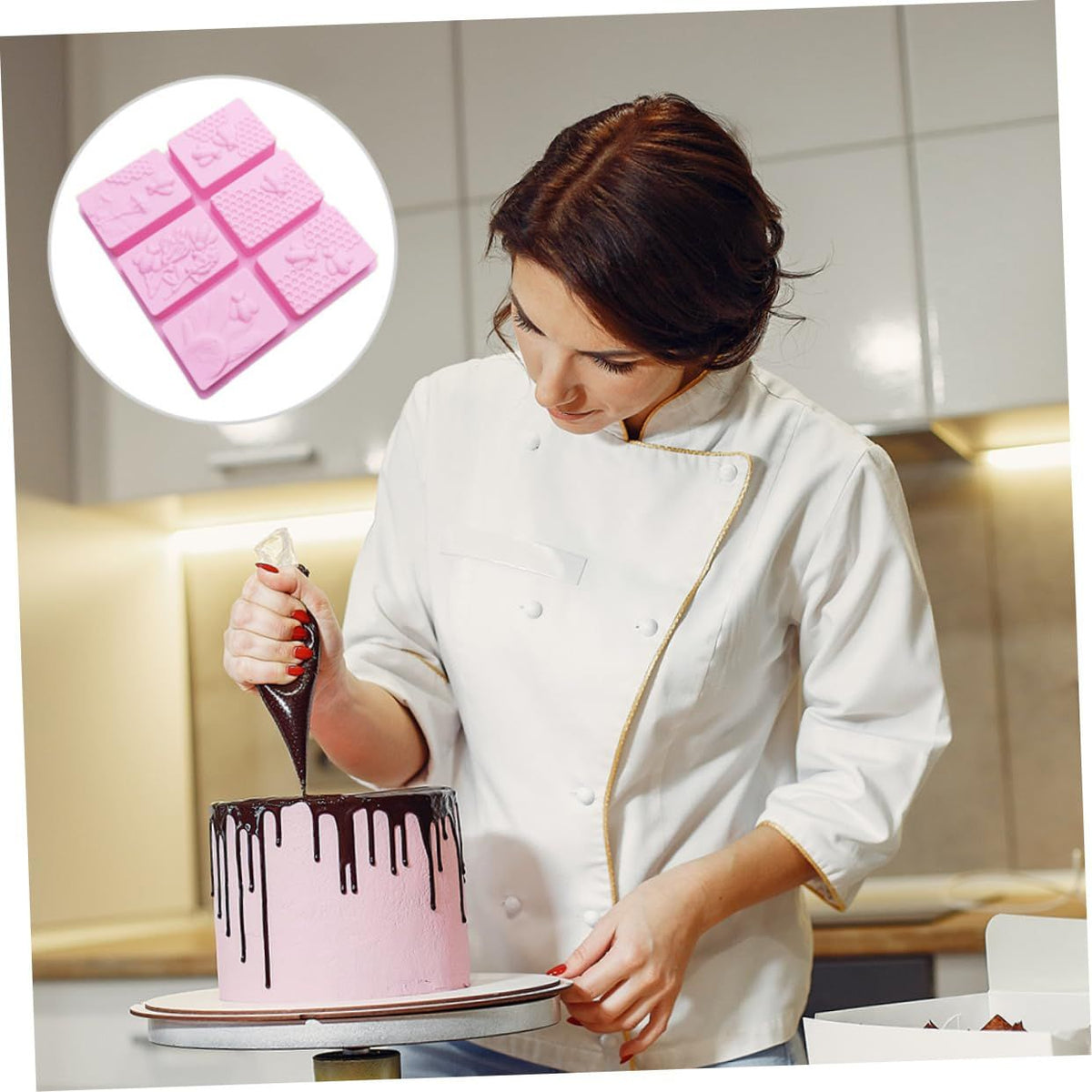 Bee soap silicone fondant mold with honeycomb and beehive shapes, ideal for cake decorating, cookies, and pudding.