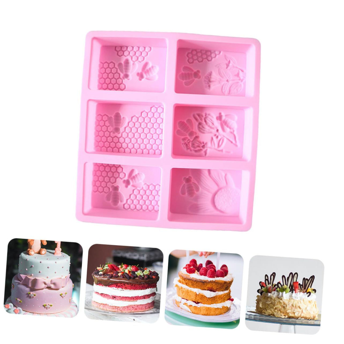 Bee soap silicone fondant mold with honeycomb and beehive designs, ideal for cake, chocolate, and ice cube shaping.