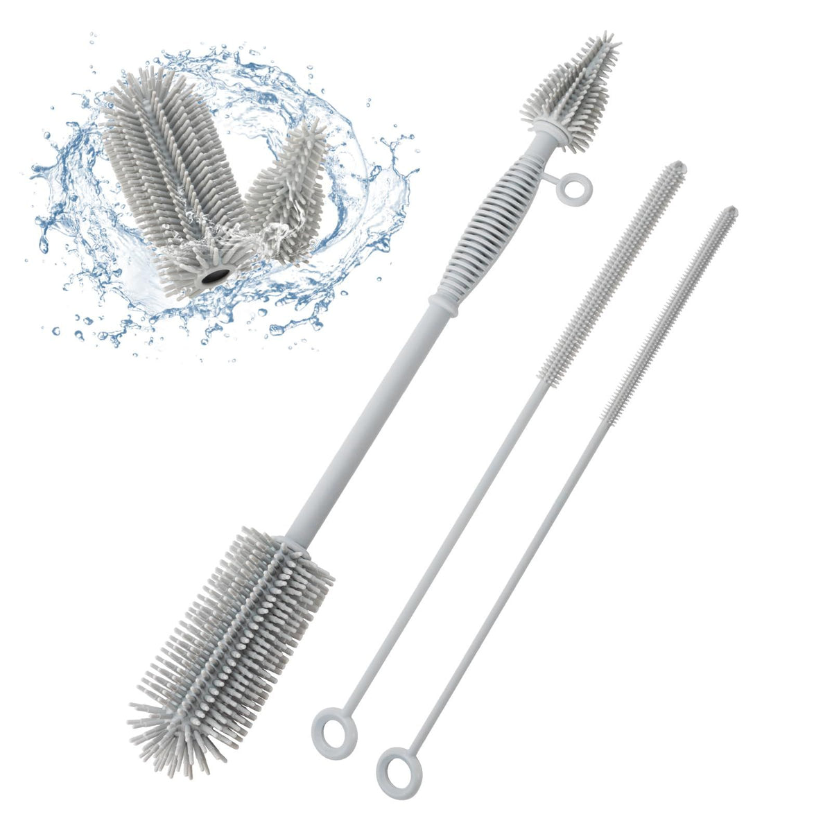 Baby bottle and straw cleaner set with extra long soft silicone brushes for thorough cleaning of baby bottles and straws.
