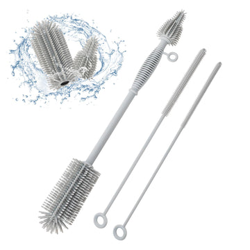 Baby bottle and straw cleaner set with extra long soft silicone brushes for thorough cleaning of baby bottles and straws.