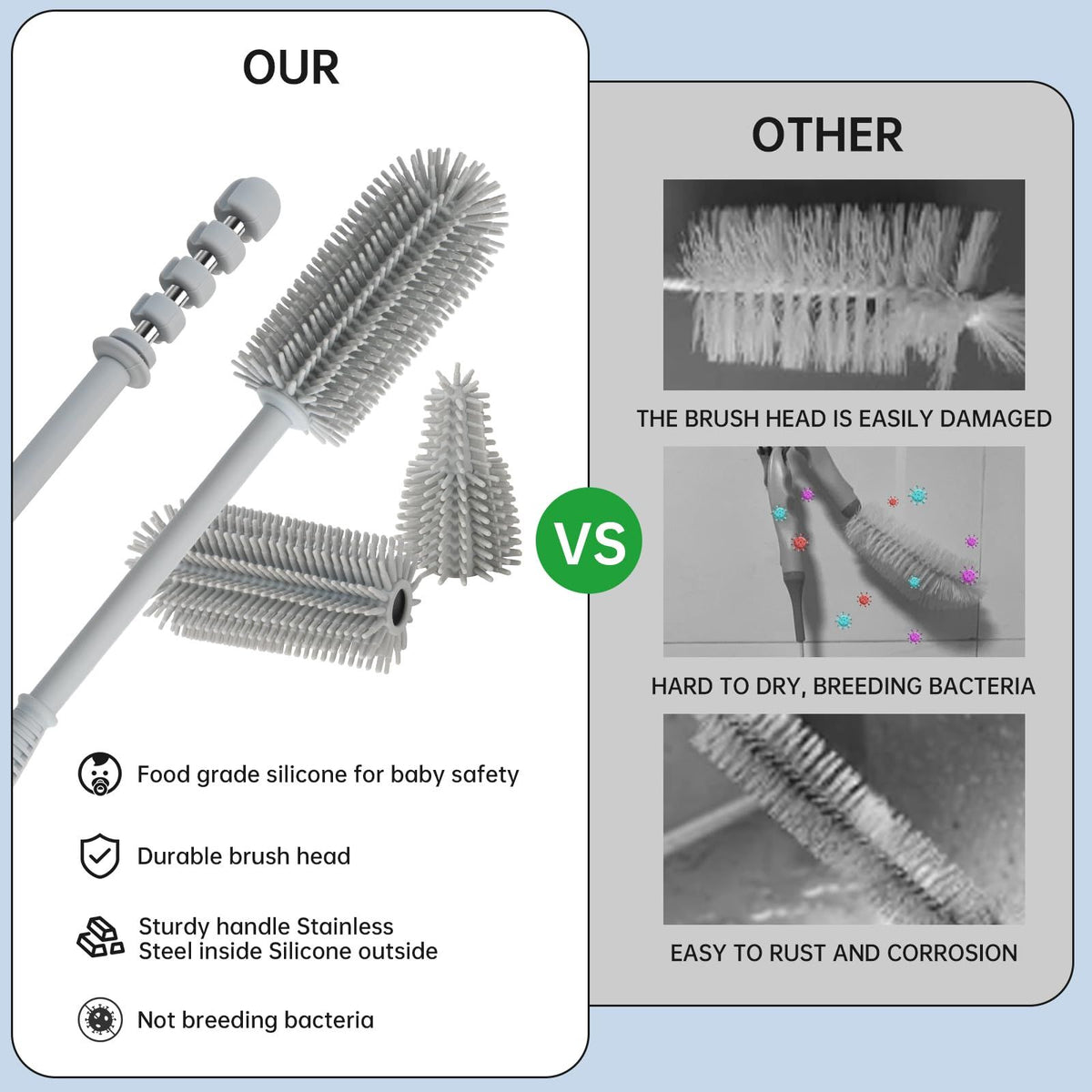 Baby bottle and straw cleaner set with extra long double-ended soft silicone brushes for thorough cleaning of baby bottles.