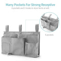 Grey bedside caddy hanging storage bag with 8 pockets, ideal for bunk beds, dorm rooms, and hospital bed rails.