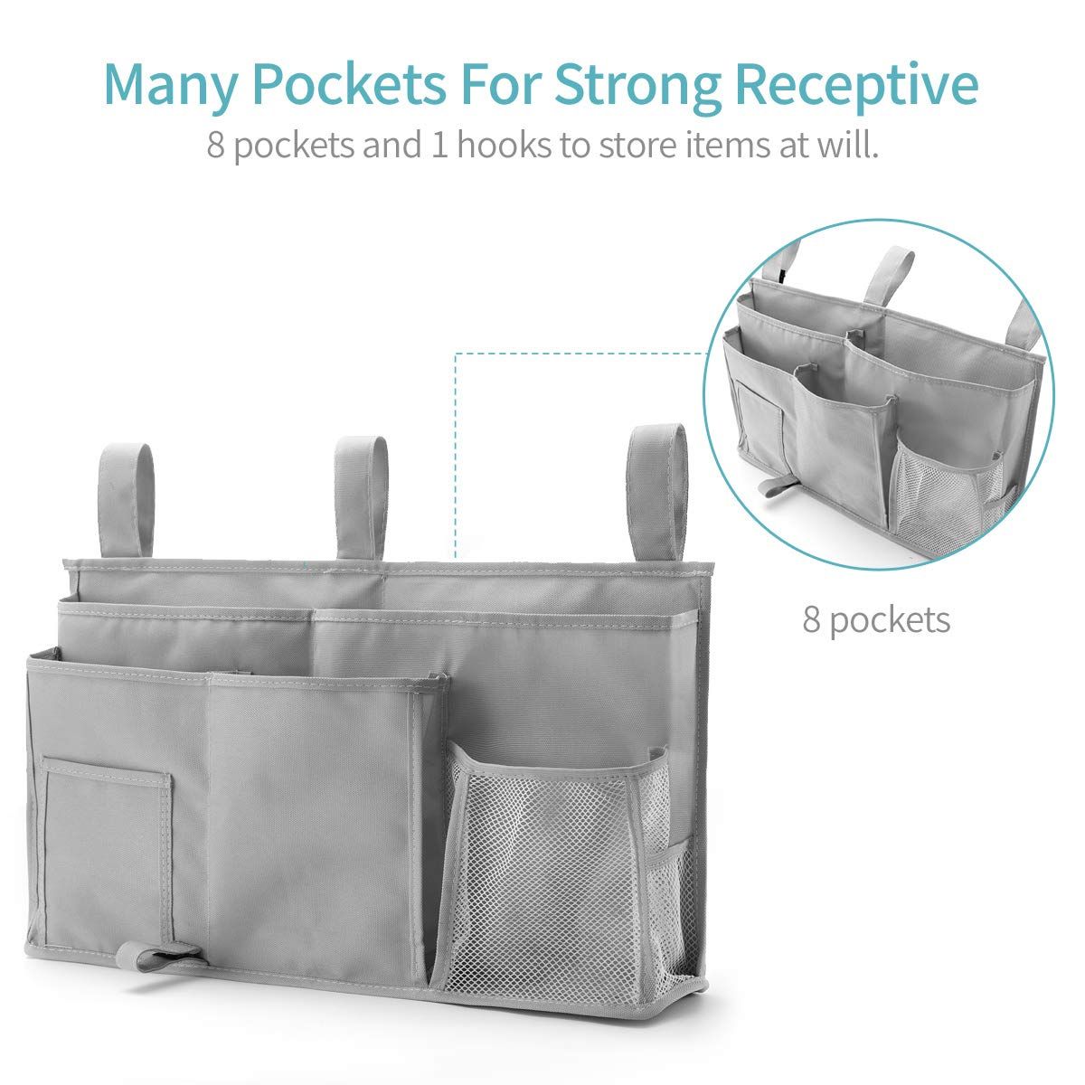 Grey bedside caddy hanging storage bag with 8 pockets, ideal for bunk beds, dorm rooms, and hospital bed rails.