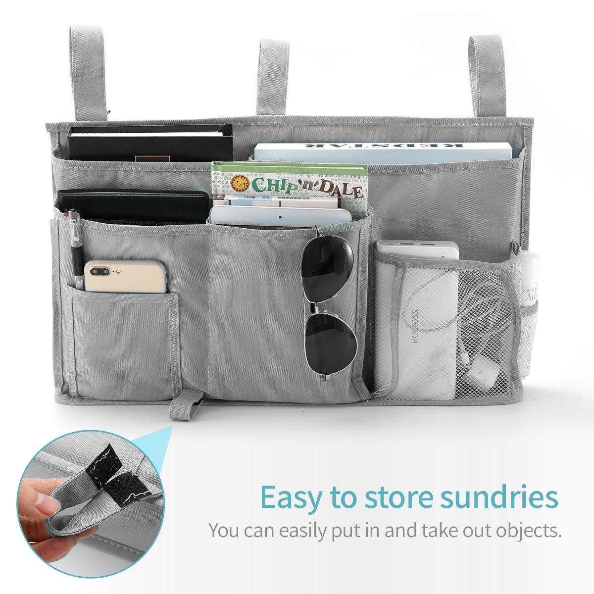 Grey hanging bedside caddy with 8 pockets for bunk beds and hospital rails, ideal for organizing baby and kid essentials.