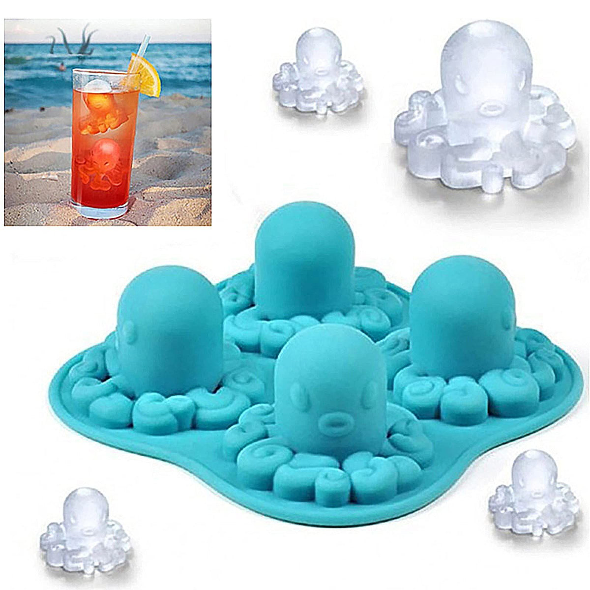 Blue silicone octopus pattern ice cube tray with four molds, ideal for creative frozen ice cubes in baby and kids pretend play.