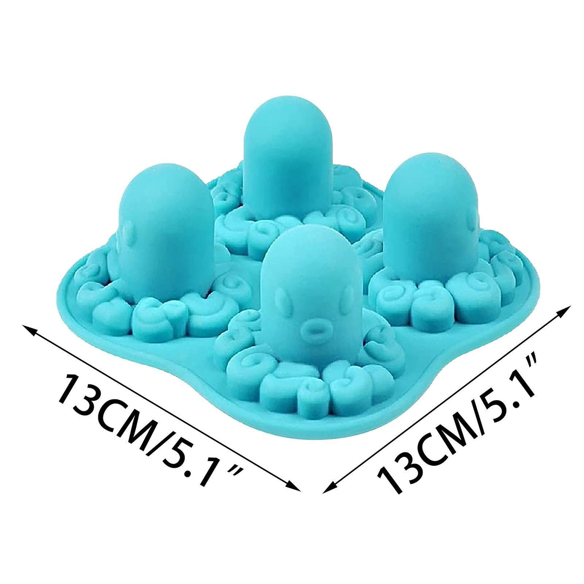 Blue silicone octopus pattern ice cube tray with four grid spaces, ideal for creative frozen ice cubes for kids' pretend play.